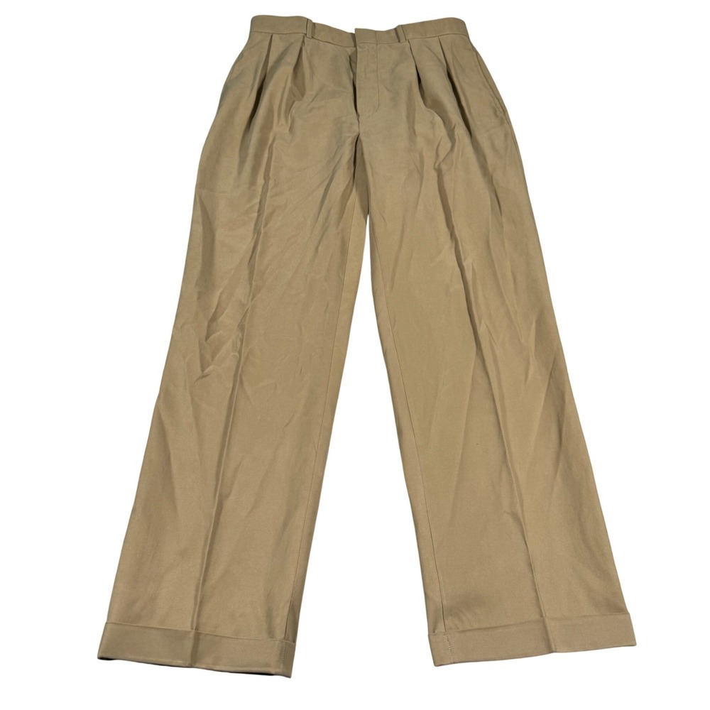 Polo Ralph Lauren Trousers Mens 33x34 Tan Silk Cotton Blend Pleated Cuffed Pants
